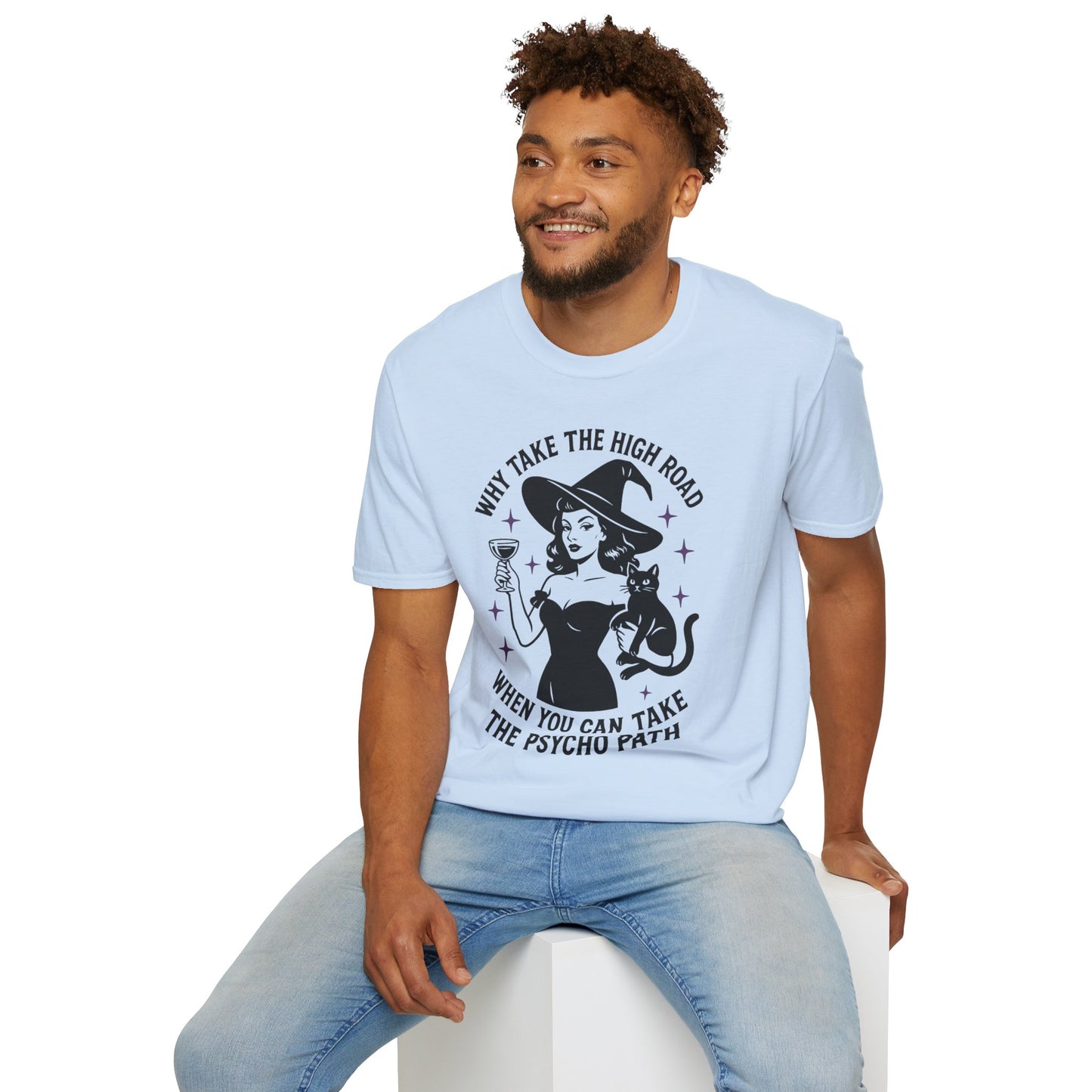 Witchy Psycho Path T-Shirt, Fun Graphic Tee, Gift for Halloween, Unisex Casual Wear, Alternative Fashion Statement